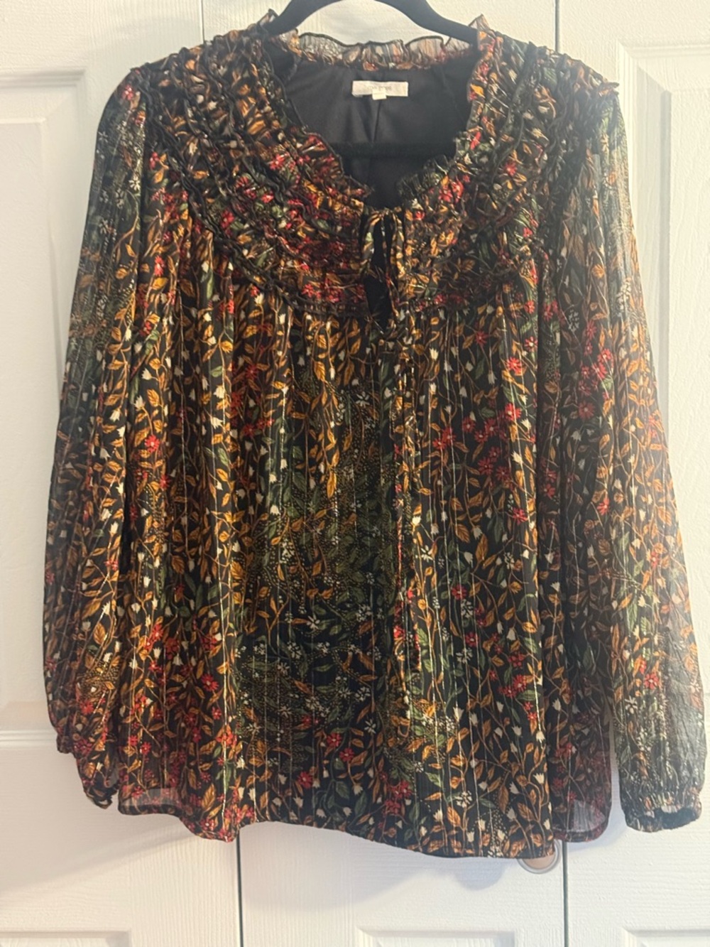 Maurices Black Floral Ruffle-Neck Sheer Blouse